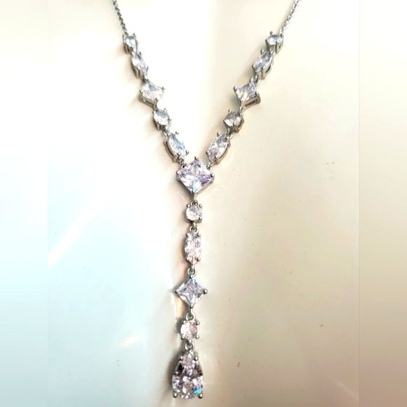 Sexy Y-Drop CZ Necklace Silver Tone Chain 21” Signed JCM CZ China EUC - Picture 5 of 11
